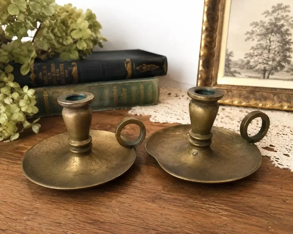 Vintage Brass Chamberstick Candle Holders Pair – Small Candlesticks Colonial